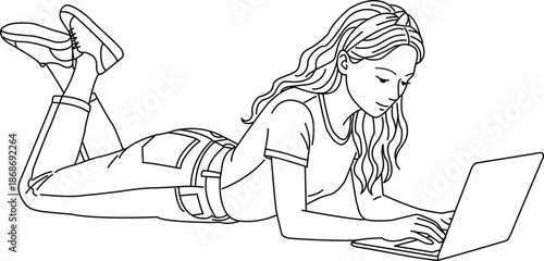 A girl lying down and using a laptop black and white sketch