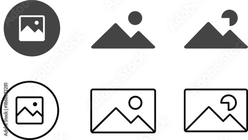 Image placeholder and photo gallery icon set featuring picture frames landscape symbols UI elements media upload concepts
