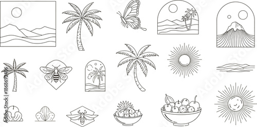 A collection of minimalist black and white line art icons featuring tropical elements like palm trees butterflies suns mountains and bowls of fruit for design use