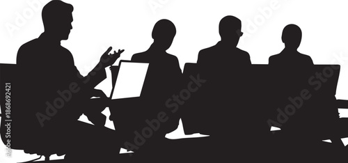 Four people sitting around a table in silhouette with one person gesturing and another holding a laptop