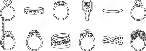 Collection of various delicate black and white line art icons representing different styles of beautiful jewelry rings including engagement wedding and fashion designs