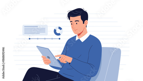 Man using tablet with charts and data visualization, modern illustration style