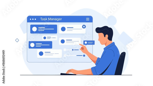 Man using task manager software, organizing workflow, productivity concept illustration
