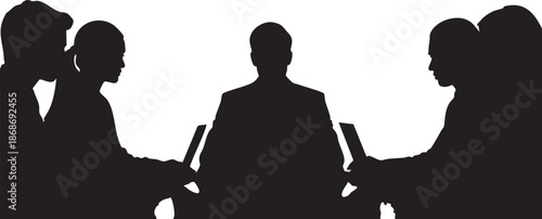 Four people sitting at a table with laptops and coffee cups in silhouette