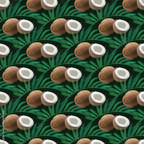 A vibrant pattern featuring brown coconuts with white insides surrounded by lush green palm leaves.