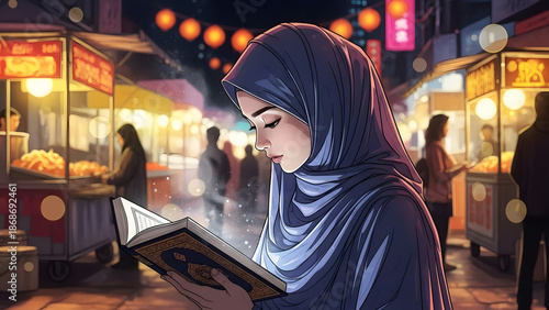 A woman immersed in reading a book at night market. She wears a hijab and is surrounded by glowing food stalls and people. The vibrant scene captures the essence of culture and faith