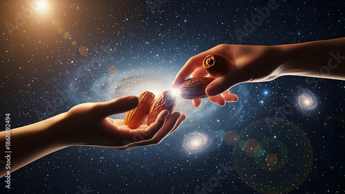 A conceptual image of two hands in the vastness of space, passing a celestial object, symbolizing connection and creation