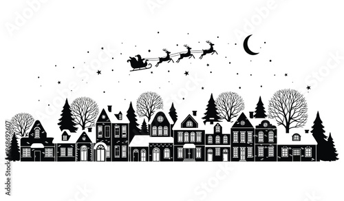 A charming black and white silhouette depicts a winter cityscape with quaint houses trees and santa s sleigh flying through the starry night sky