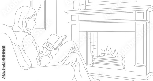 Simple line art drawing depicts a woman relaxing comfortably on a sofa while engrossed in reading a book next to a warm and inviting fireplace with a gentle fire burning.