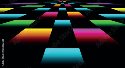 Dance floor. Night disco parties. Retro vintage neon grid dance floor horizon. Piano game. Vector stock illustration