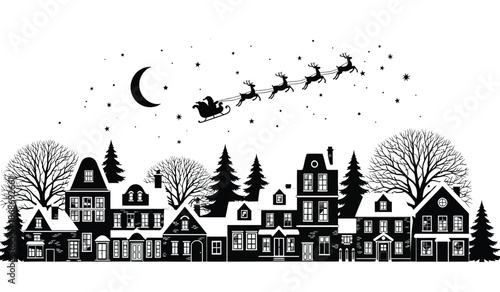 A charming black and white illustration depicts santa claus and his reindeer flying over a quaint winter village at night under a crescent moon