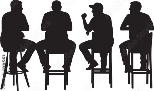 Four silhouettes of men sitting on stools in a casual conversation