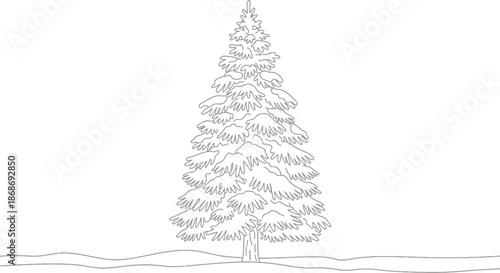 Simple black and white line art drawing of a tall evergreen fir tree covered in fluffy snow standing in a winter landscape ready for coloring pages