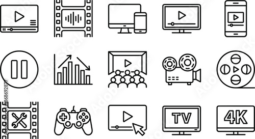 Media streaming video entertainment line icon set featuring play controls devices cinema gaming television audio technology concepts modern digital interfaces