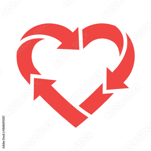 Red heart symbol with continuous arrows representing recycling and love