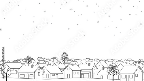 Minimalist black and white outline drawing depicts a quiet residential neighborhood covered lightly in snow during a gentle, stylized snowfall.