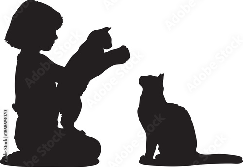 Silhouette of a child petting a standing cat with another cat sitting nearby