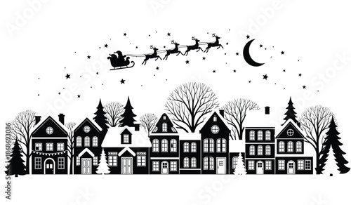 a whimsical black and white illustration depicts a snowy village scene with a crescent moon and santa claus flying overhead with reindeer