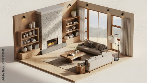 A cozy living room featuring a fireplace, shelves, and a large window, showcasing the essence of relaxation and home comfort