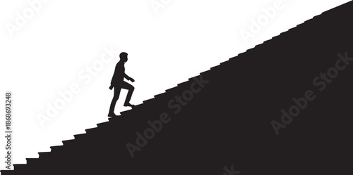 Silhouette of a person climbing a long staircase against a white background stairs