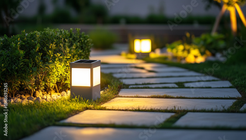 Illustration of solar powered lights illuminating a garden path at night. Modern eco-friendly lighting provides safe pathway