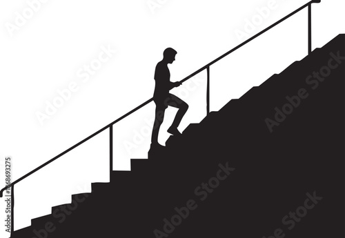 Silhouette of a person climbing stairs with a handrail in a minimalist black and white