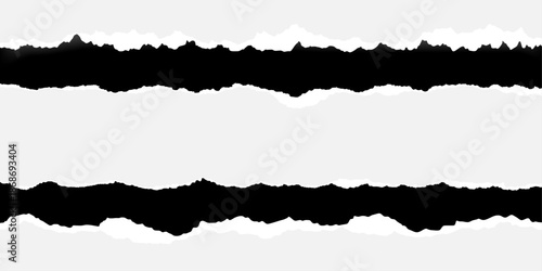 vector grunge background. White paper strips with torn edges in horizontal position stuck with sticky tape paper for note are on black background. 