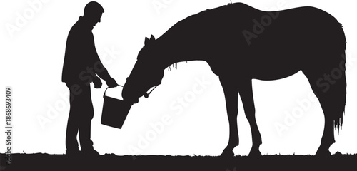 Silhouette of a person feeding a horse with a bucket in a field