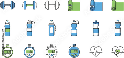 Collection of essential line and filled icons representing various fitness equipment and monitoring tools like dumbbells water bottles stopwatches and heart rate monitors for workout planning