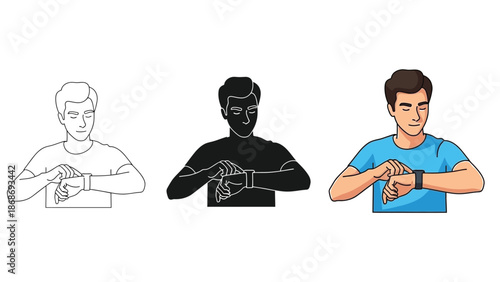 Collection of stylized illustrations showing a young man interacting with a modern smartwatch on his wrist displaying various design options like outline silhouette and color vector art