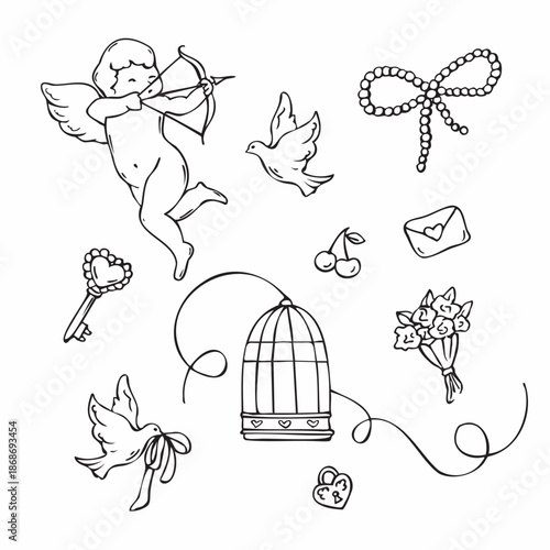 Set of doodle Valentine day cupid angel, bird and bow 