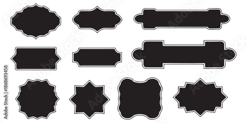 A versatile collection of decorative black frames and vintage labels on a clean white background