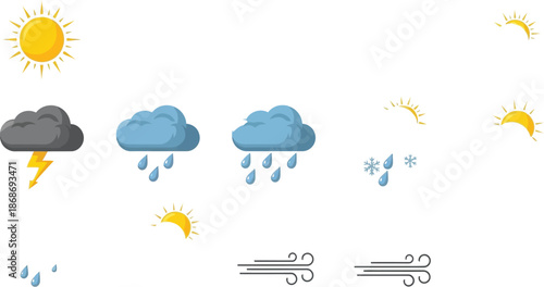Collection of stylized flat design weather icons illustrating diverse atmospheric conditions including sun rain snow wind and thunderstorms for forecasts