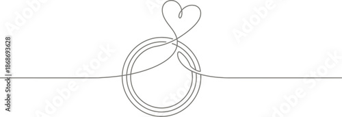 Minimalist continuous line art drawing of a simple intertwined ring and heart shape symbolizing eternal love and commitment on a white background