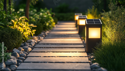 Illustration of solar powered lights illuminating a garden path at night. Modern eco-friendly lighting provides safe pathway