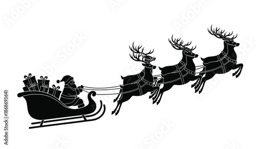a black and white illustration depicts santa claus riding in a sleigh pulled by four reindeer conveying a festive spirit