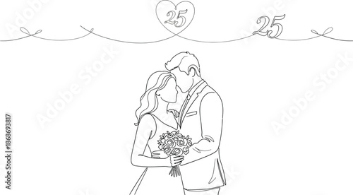 Minimalist continuous line art drawing depicting a loving couple embracing under a silver wedding anniversary banner featuring the number twenty five inside a heart shape
