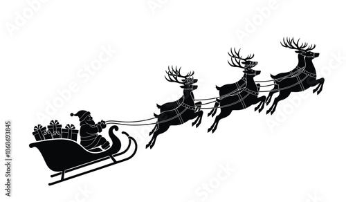 a silhouetted depiction of santa claus riding in a sleigh pulled by a team of reindeer across the night sky