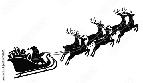 A silhouette depiction of santa claus driving his sleigh pulled by eight reindeer across a winter sky showcasing festive cheer