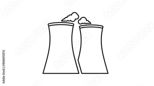 Simple line drawing depicts two industrial cooling towers with clouds above them
