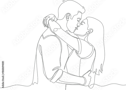 Minimalist continuous line drawing beautifully captures a passionate intimate moment between a young loving couple embracing tightly and sharing a deep romantic kiss