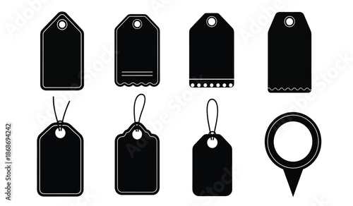 A collection of black price tags and labels featuring varying shapes and attachment styles displayed against a white backdrop high quality