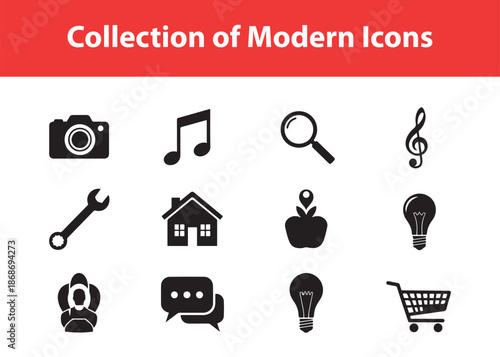 Collection of modern black icons for business and daily life.