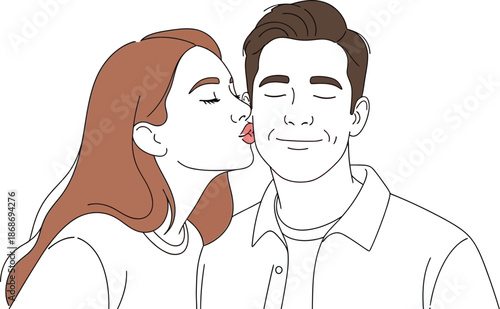 Affectionate illustration depicts a happy woman gently kissing a smiling man on the cheek symbolizing deep connection and romantic partnership moments.