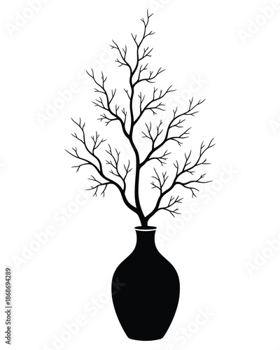 Dry tree branches in vase vector illustration silhouette modern decorative element design graphic
