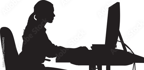 Silhouette of a person sitting at a desk with a laptop and a cat on their lap