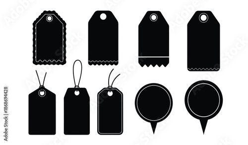 A collection of various black tag shapes and forms including rectangular square and rounded designs with string attachments high quality professional