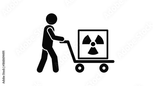 A stick figure pushing a hand truck carrying a container with a radiation symbol