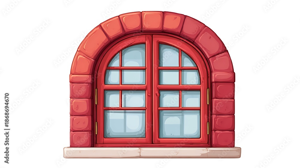 Obraz premium Animated window with red frame, arch, and glass panes on a white background