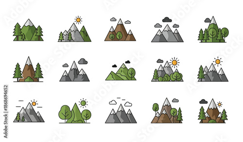 a collection of colorful flat design mountain icons depicting various landscapes with trees sun clouds and terrains high quality professional detailed